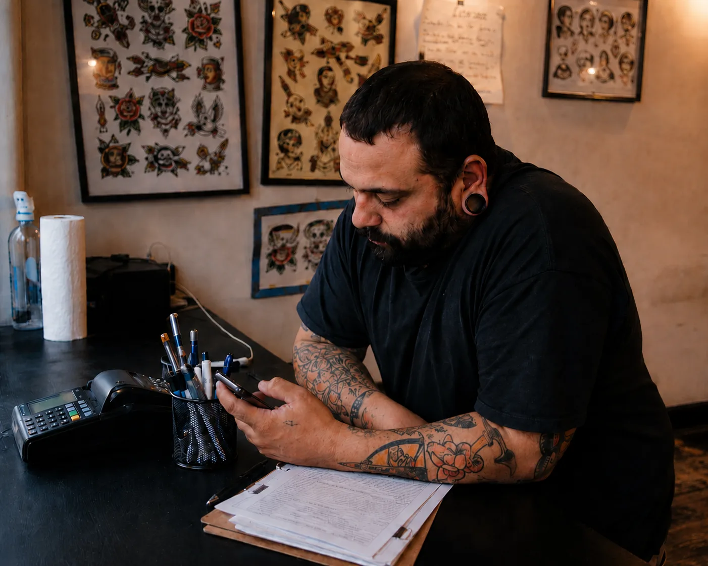 Shop owner at the studio counter signing up on their phone