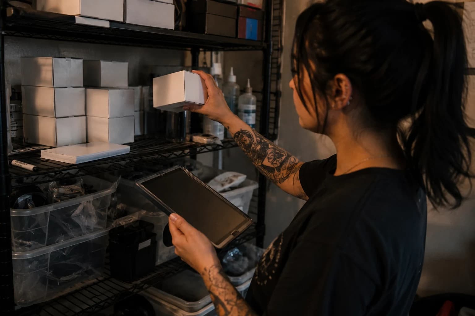 Artist holding a tablet while picking an ink bottle from the shelf