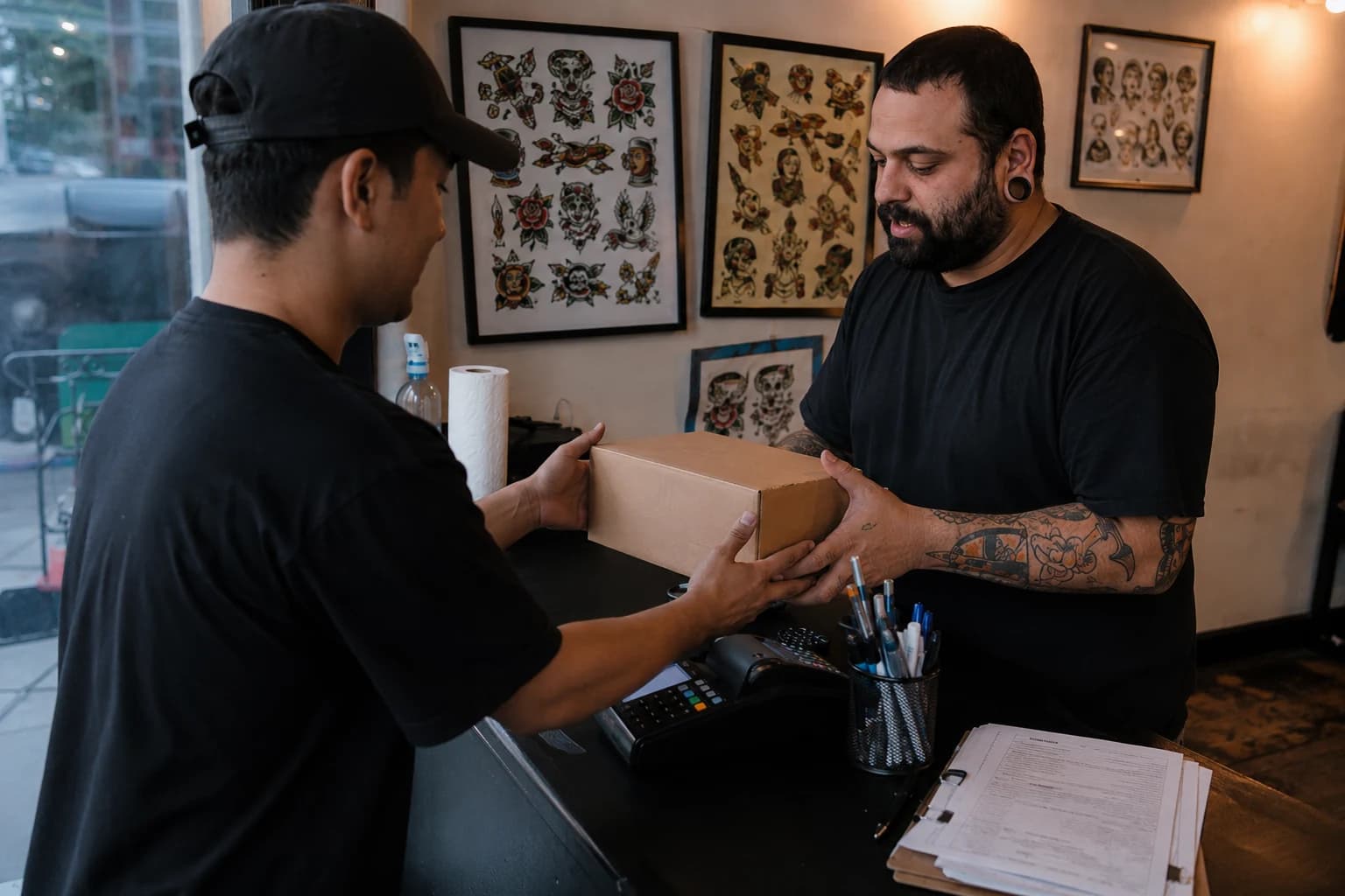 Courier handing a delivery box to a tattoo shop manager over the counter